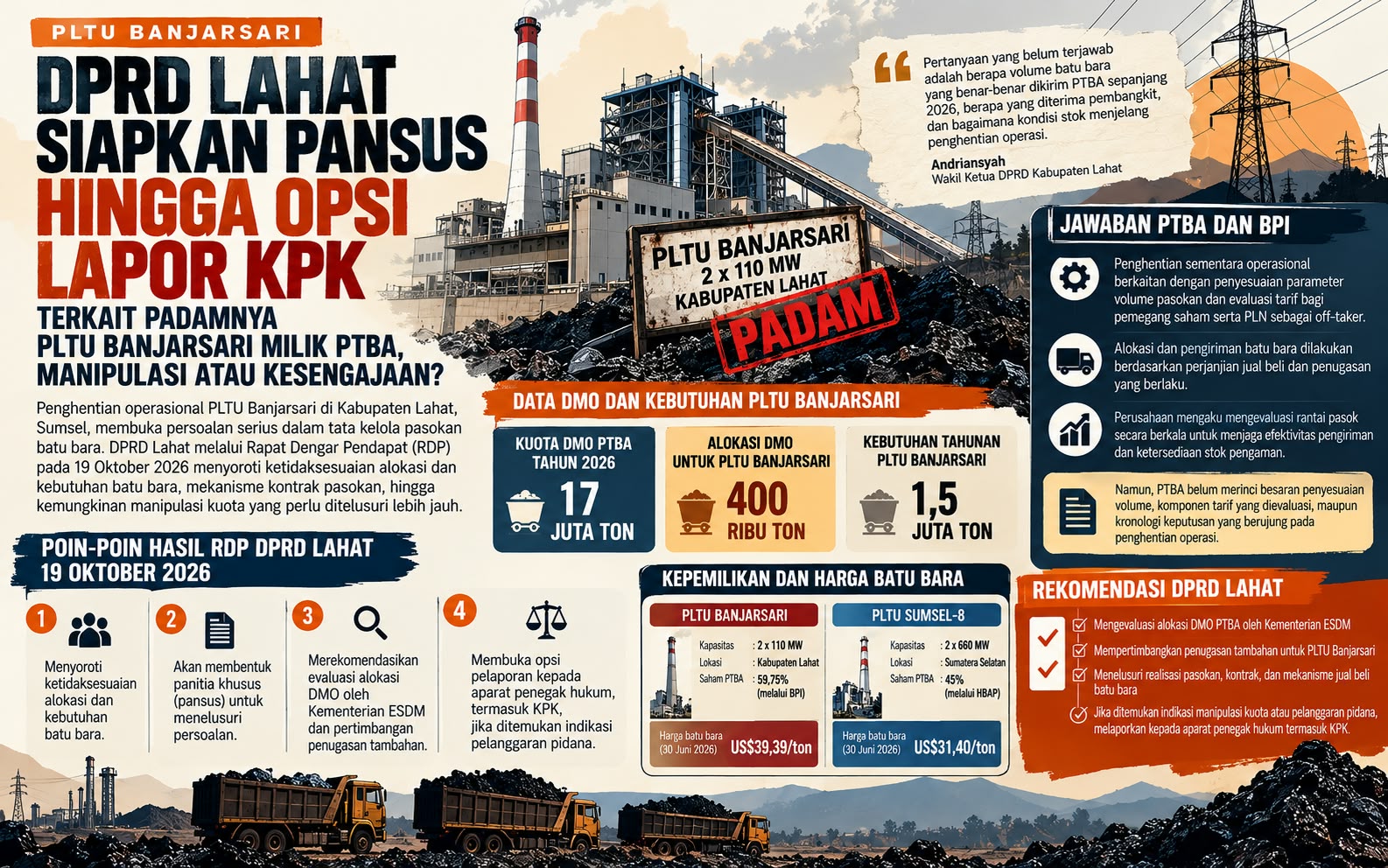 DPRD Lahat Siapkan Pansus dan Opsi Lapor KPK soal PLTU Banjarsari PTBA yang Berhenti Beroperasi