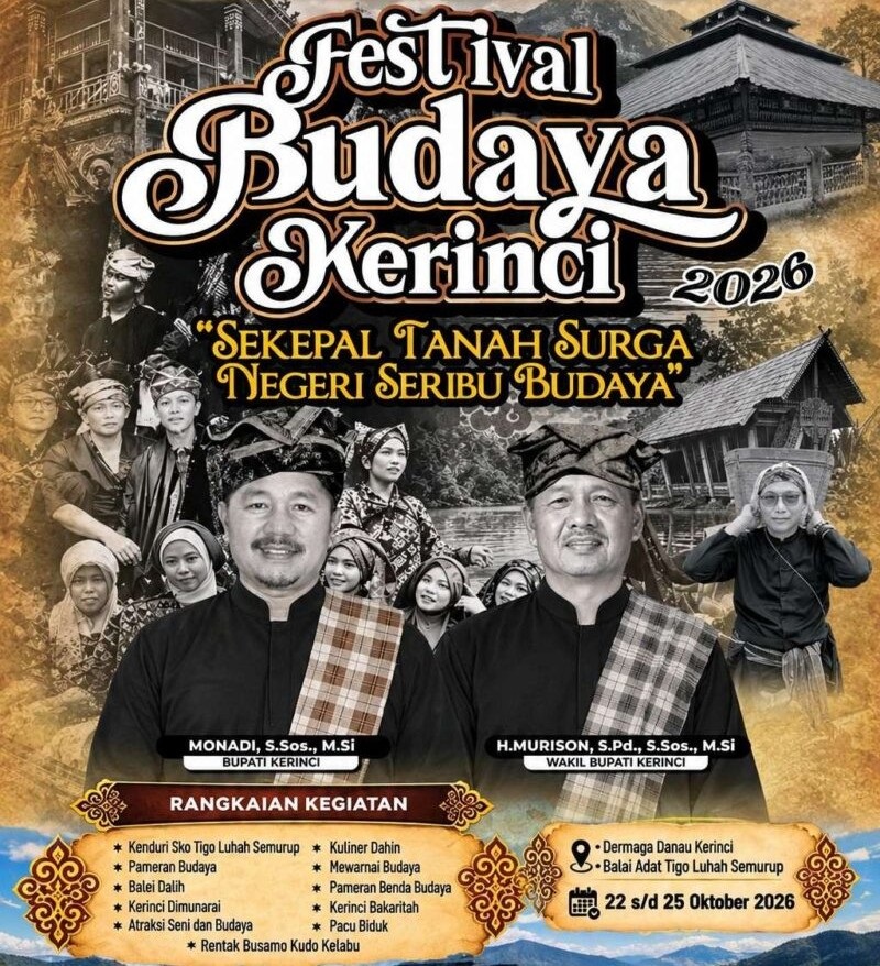 Festival Budaya Kerinci 2026 Digelar 22-25 Oktober, 4 Hari Penuh Tradisi di Dermaga Danau Kerinci