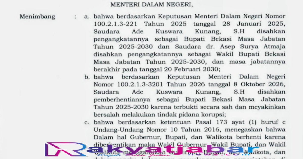 Mendagri Tito Karnavian Sahkan Asep Surya Atmaja Jadi Bupati Bekasi Sisa Masa Jabatan 2025–2030