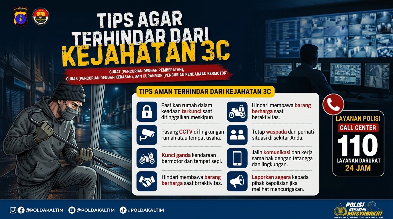 Polda Kaltim Imbau Warga Waspada Kejahatan 3C, Minta Kunci Ganda Kendaraan dan Aktifkan Keamanan Lingkungan