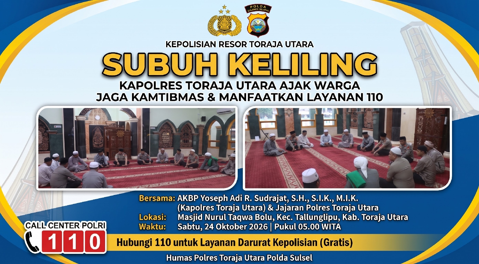 Kapolres Toraja Utara Sambangi Masjid di Tallunglipu Saat Subuh, Ajak Warga Manfaatkan Layanan 110