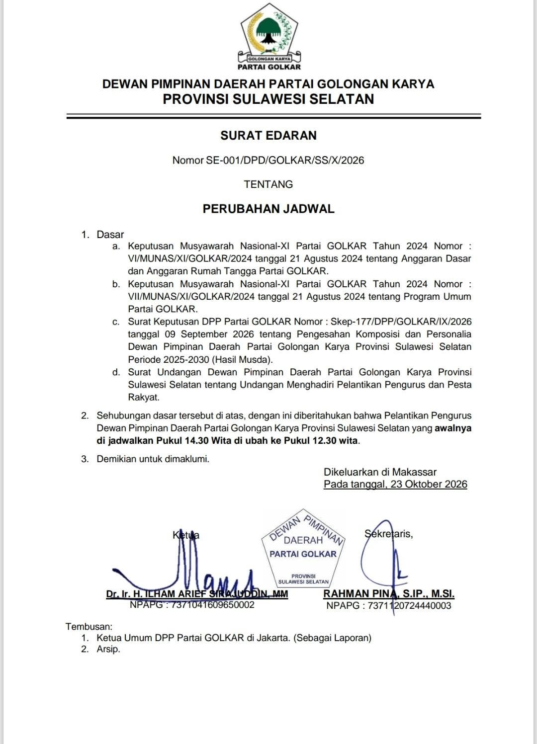 Pelantikan Pengurus Golkar Sulsel Dimajukan Jadi Pukul 12.30 WITA, Pesta Rakyat Tetap Digelar 25 Oktober 2026