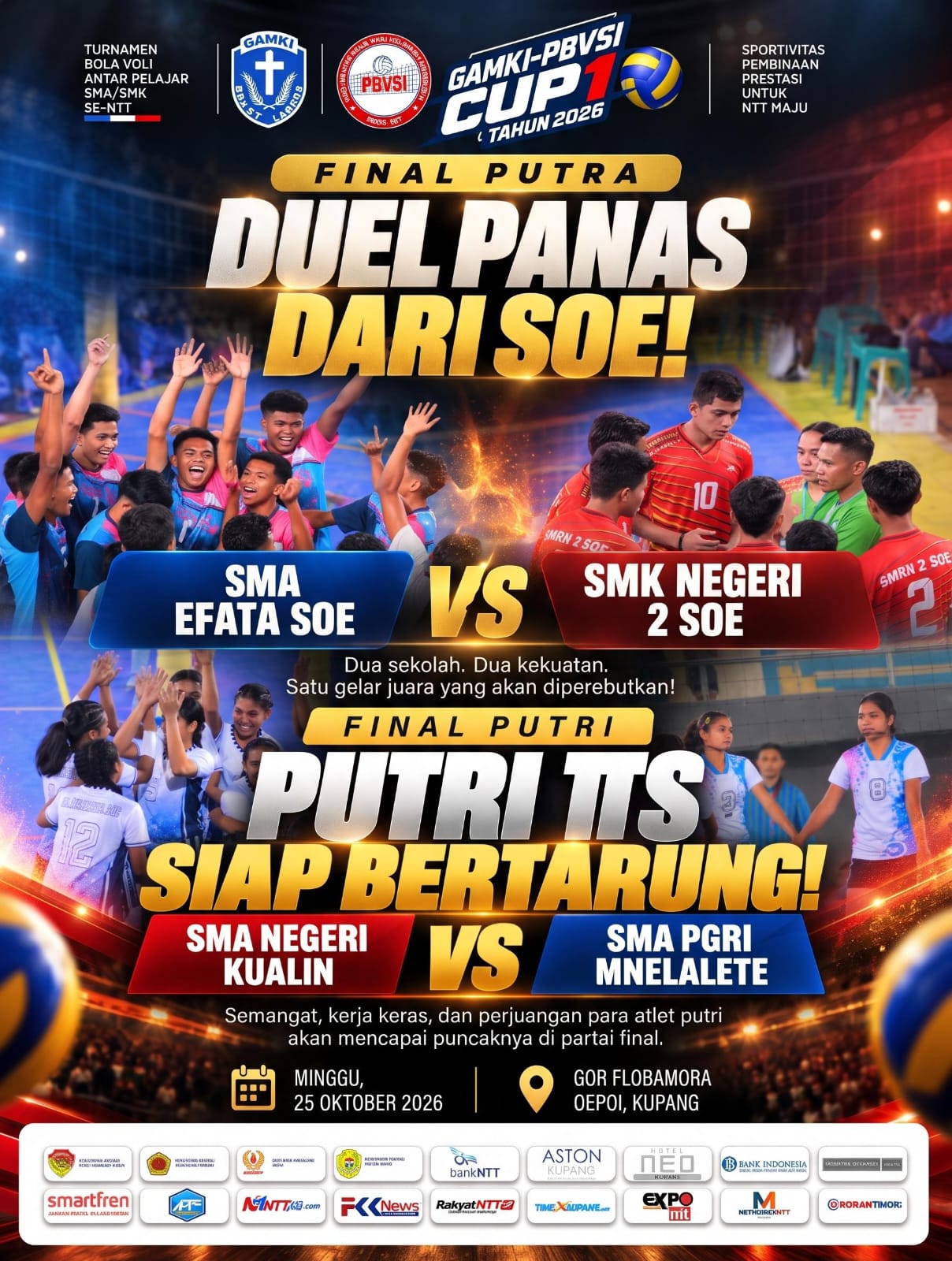 Empat Tim Pelajar TTS Rebut Dua Gelar Final GAMKI–PBVSI Cup I NTT 2026 di GOR Oepoi Kupang