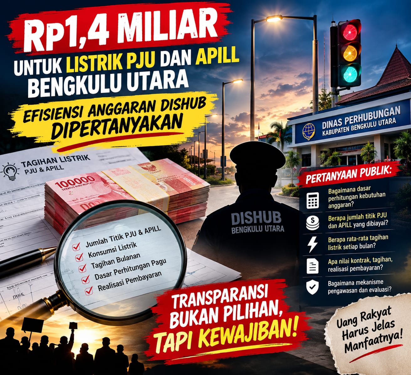 Dishub Bengkulu Utara Anggarkan Rp 1,4 Miliar untuk Listrik PJU dan APILL 2026, Rincian Titik Belum Dibuka