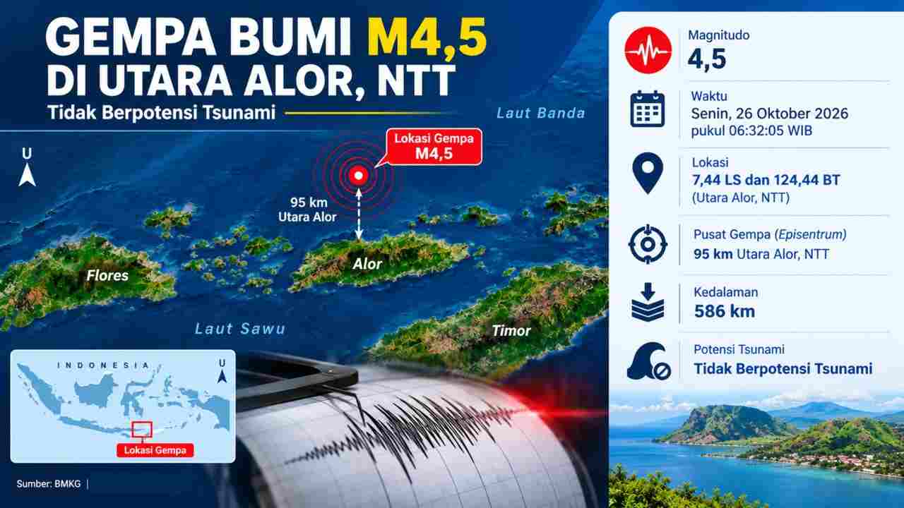 BMKG Catat 3 Gempa Guncang NTT Pagi Ini, Terkuat Magnitudo 4,5 di Utara Alor Kedalaman 586 Km