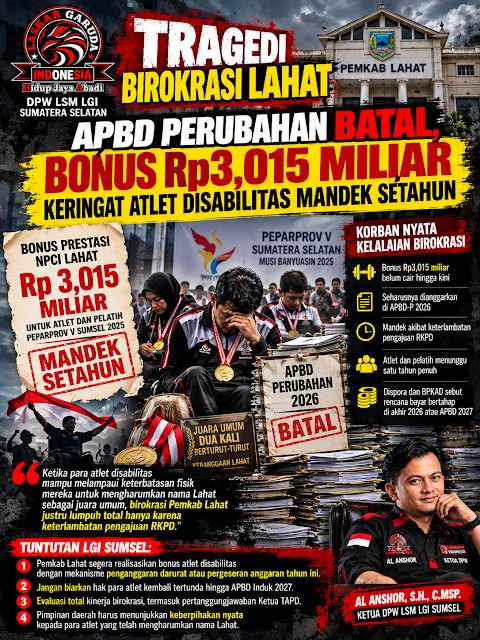 Bonus Rp3,015 Miliar Atlet Disabilitas Lahat Mandek Setahun, APBD Perubahan 2026 Batal Ketok Palu