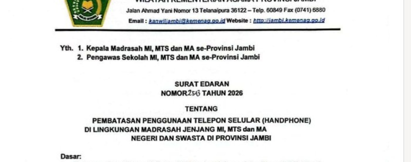 Kepala MTsN 6 Kerinci Sosialisasi Pembatasan Ponsel Lewat Grup WhatsApp, Tindak Lanjut Surat Edaran Kemenag Jambi