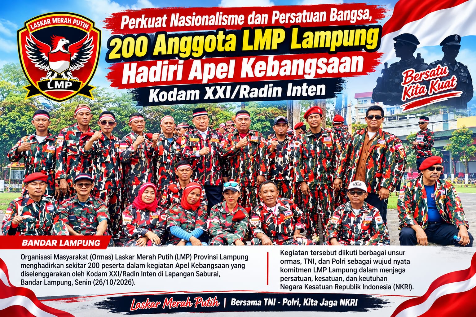200 Anggota LMP Lampung Ikuti Apel Kebangsaan Kodam XXI/Radin Inten di Lapangan Saburai