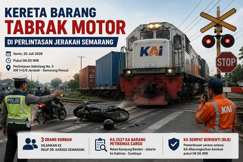 KA Barang Petikemas Tabrak Motor di Perlintasan Kokrosono Semarang, Tiga Orang Luka-Luka Dievakuasi ke RSUP Kariadi