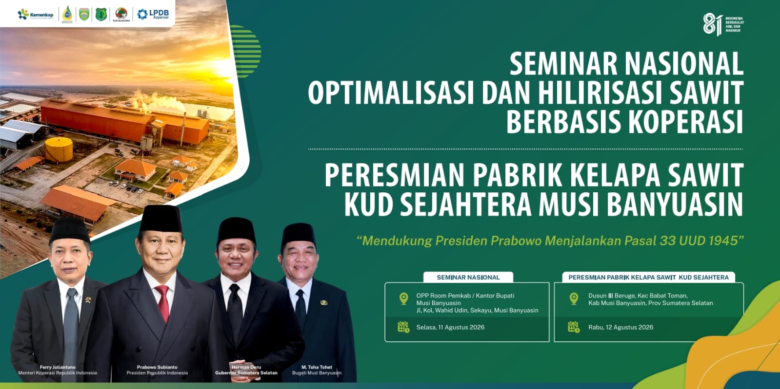 Hilirisasi Sawit Berbasis Koperasi Digelar di Muba 11-12 Agustus, Menteri Koperasi hingga Kepala KSP Hadir