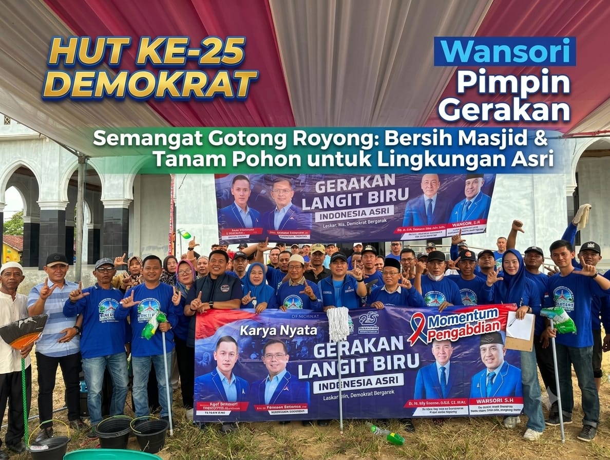 HUT Demokrat ke-25, DPC Lampung Utara Gelar Aksi Bersih Masjid dan Tanam Pohon di Abung Surakarta