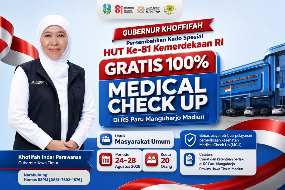Khofifah Gratiskan MCU di RS Paru Manguharjo Madiun, Kuota 20 Orang per Hari pada 24-28 Agustus 2026