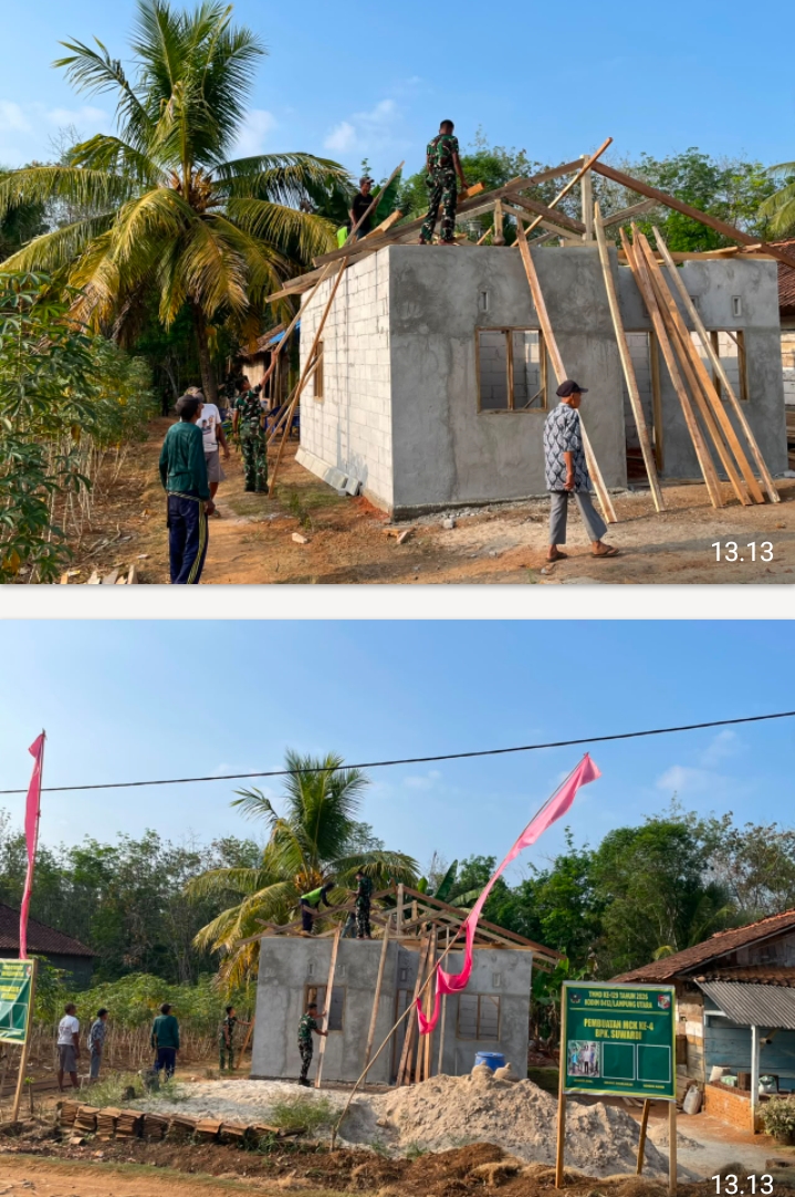 Rumah Geribik Suwardi di Lampung Utara Kini Mulai Berubah, TMMD ke-129 Pasang Kerangka Atap Rumah Layak Huni