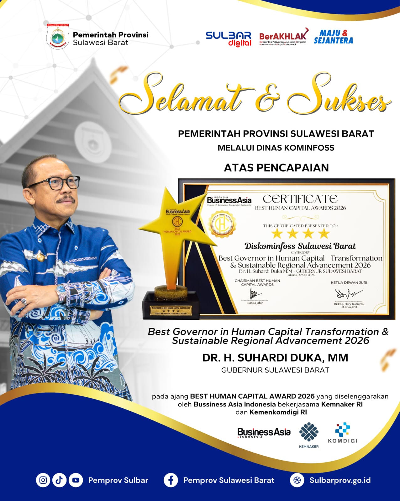 Gubernur Sulbar Suhardi Duka Raih Penghargaan Nasional Transformasi Digital, Diskominfoss Borong Tiga Kategori