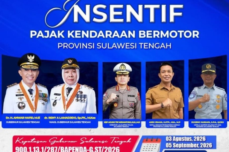 Pemprov Sulteng Bebaskan Denda PKB 100 Persen dan Diskon Pokok Pajak 50 Persen Mulai 3 Agustus 2026