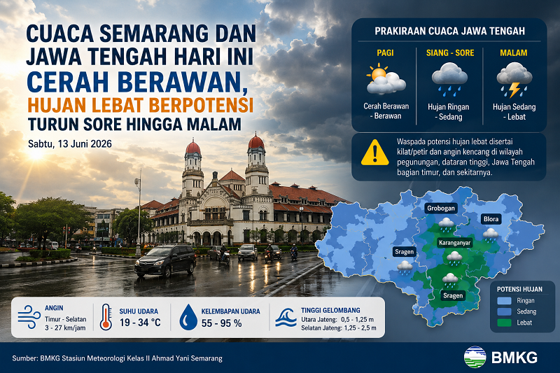Prakiraan Cuaca Jawa Tengah Sabtu 13 Juni 2026: Pagi Cerah, Sore Waspada Hujan Lebat Disertai Petir di 5 Kabupaten
