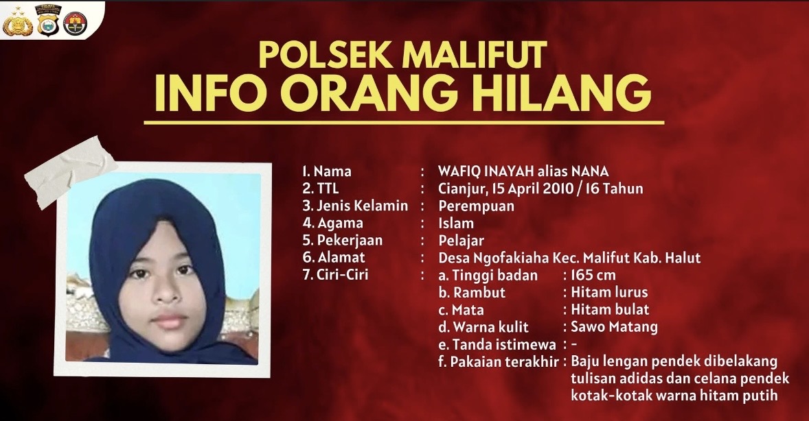 Remaja Putri 16 Tahun di Halmahera Utara Hilang Sejak 4 Mei, Polisi Sebut Ciri Baju Adidas dan Celana Kotak-kotak