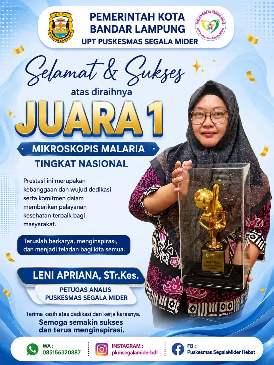 ATLM Puskesmas Segala Mider Bandar Lampung Juara 1 Mikroskopis Malaria Nasional, Kalahkan Yogyakarta dan Sumsel