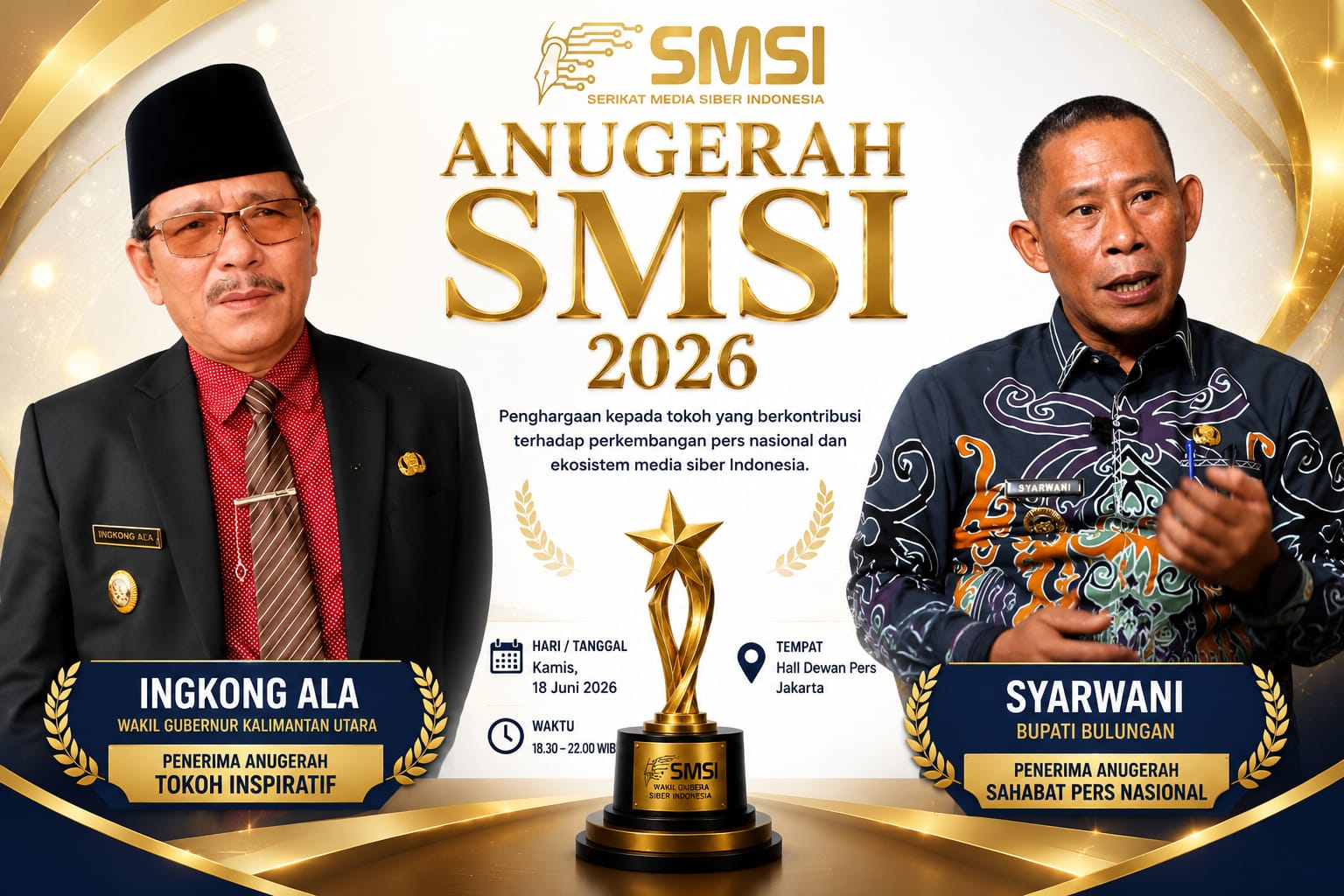 Wagub Kaltara Ingkong Ala dan Bupati Bulungan Syarwani Raih Penghargaan SMSI 2026 di Jakarta