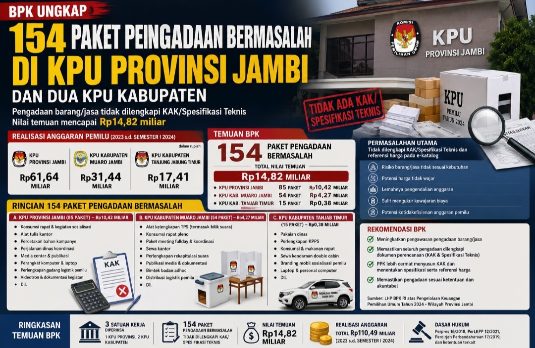 BPK Temukan 154 Paket Pengadaan Bermasalah di KPU Jambi dan Dua Kabupaten, Nilai Capai Rp14,82 Miliar