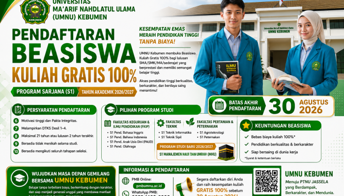 UMNU Kebumen Buka 100 Persen Kuliah Gratis untuk Lulusan SMA/SMK, Pendaftaran Ditutup 30 Agustus 2026