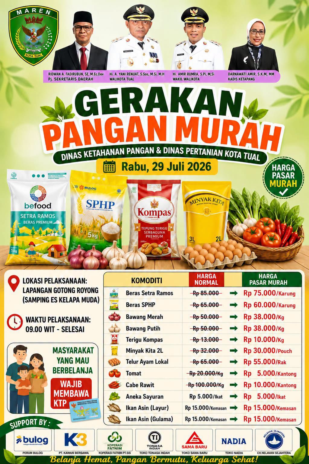 Pemkot Tual Gelar Gerakan Pangan Murah Besok, Beras SPHP Rp60.000 dan Telur Rp55.000 per Kilogram