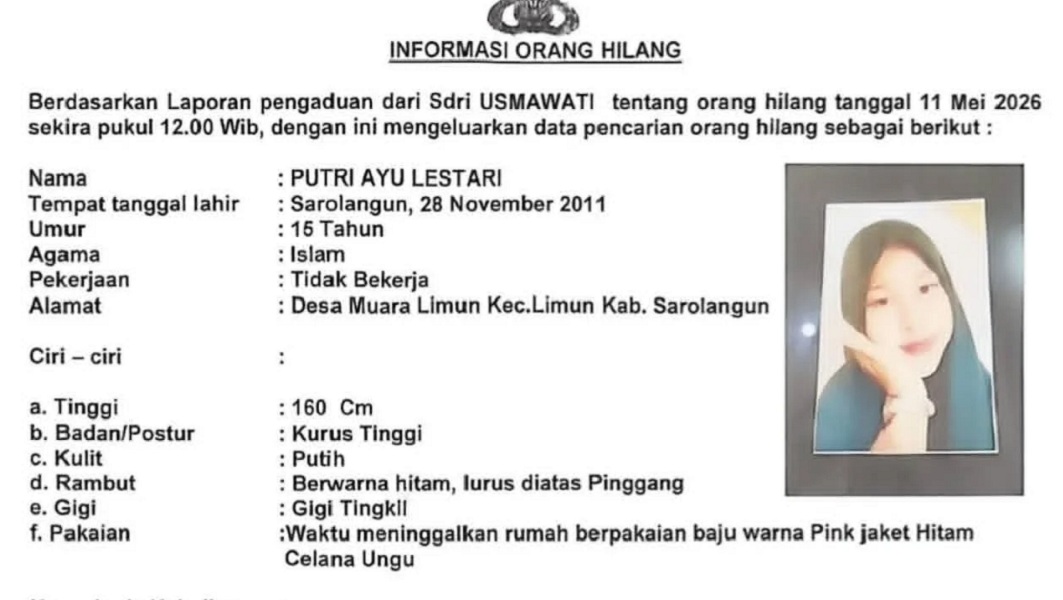 Remaja Putri 15 Tahun di Sarolangun Hilang Misterius, Tinggalkan Rumah Terkunci Saat Orang Tua Bekerja