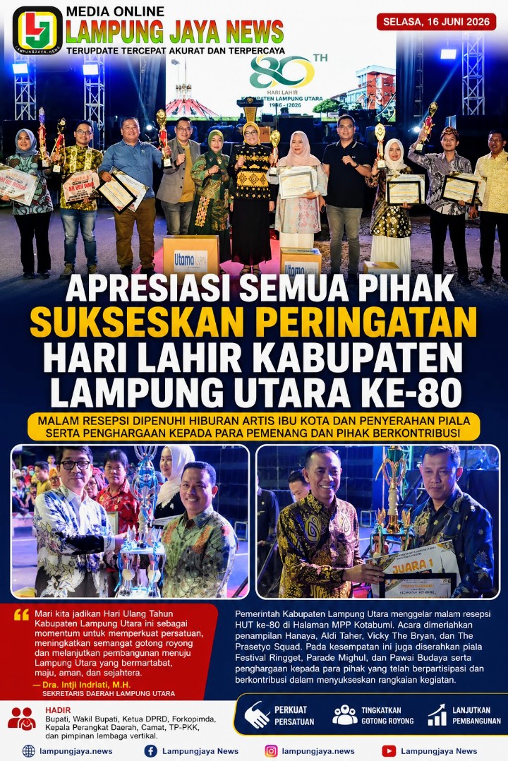 Puncak HUT Ke-80 Lampung Utara, Pemkab Beri Penghargaan untuk Tokoh dan Mitra Pembangunan di MPP Kotabumi