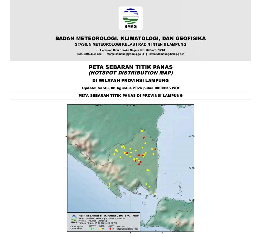 BMKG Deteksi 71 Titik Panas di Lampung, Lampung Tengah Jadi Wilayah Terbanyak dengan 23 Hotspot