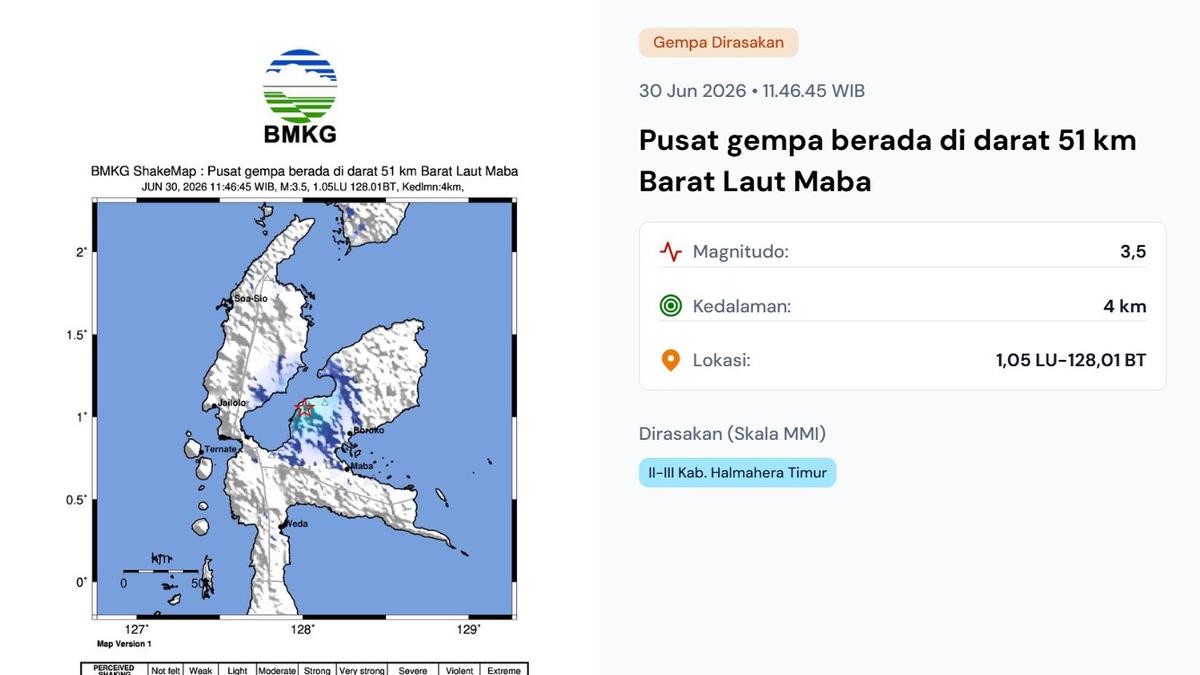 Gempa Magnitudo 3,5 Guncang Halmahera Timur, Pusat di Darat 51 Km Barat Laut Maba