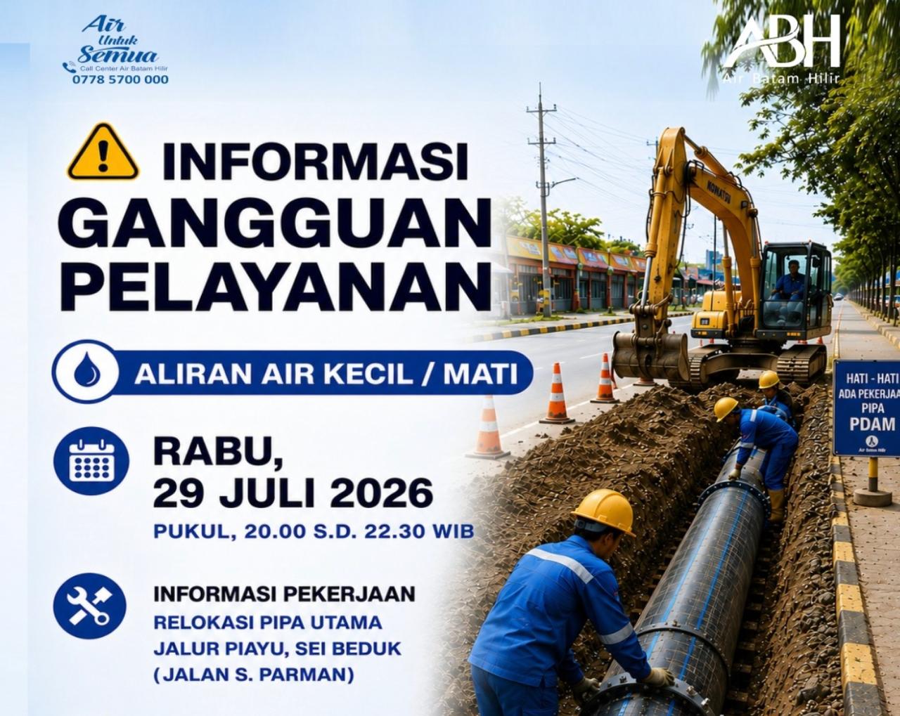 Relokasi Pipa Air Minum di Piayu Batam Malam Ini, 10 Kawasan Terdampak Gangguan Suplai