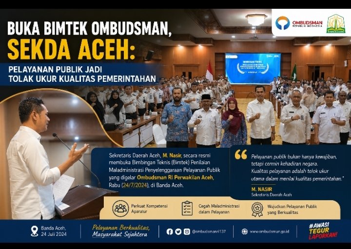 Sekda Aceh Buka Bimtek Ombudsman: Pelayanan Publik Jadi Indikator Utama Kinerja Pemerintahan
