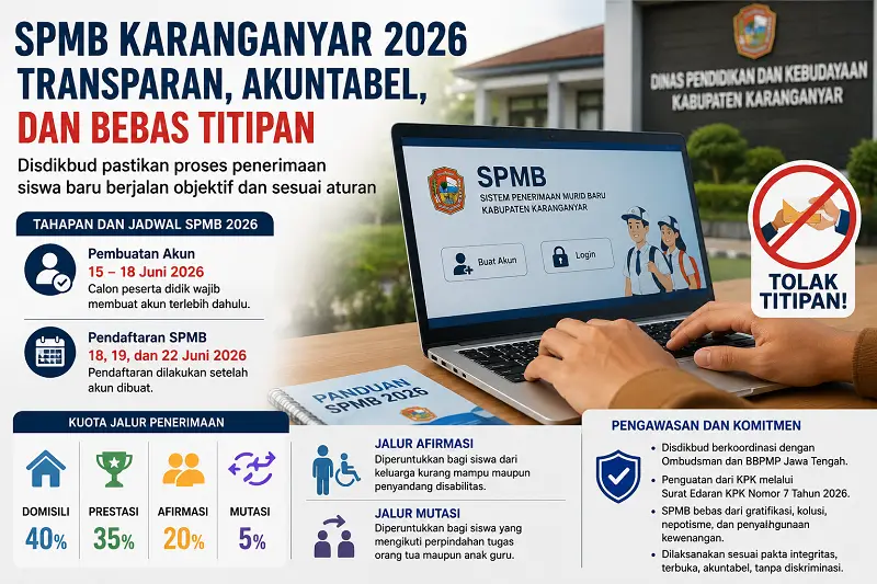 SPMB Karanganyar 2026 Segera Dibuka, Disdikbud Buka Verifikasi Piagam Jalur Prestasi Mulai 11 Juni
