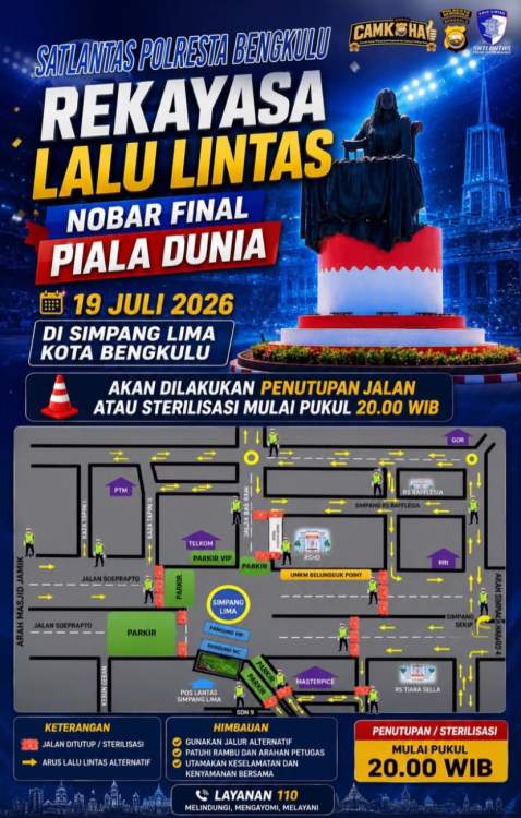Simpang Lima Bengkulu Ditutup Total Malam Ini untuk Nobar Final Piala Dunia, Satlantas Siapkan Rekayasa Lalin