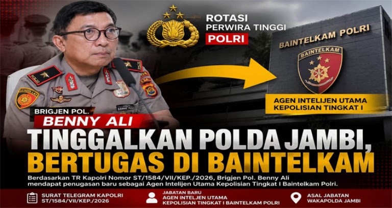 Wakapolda Jambi Brigjen Benny Ali Dimutasi ke Baintelkam Polri, Brigjen K. Yani Sudarto Gantikan Posisinya