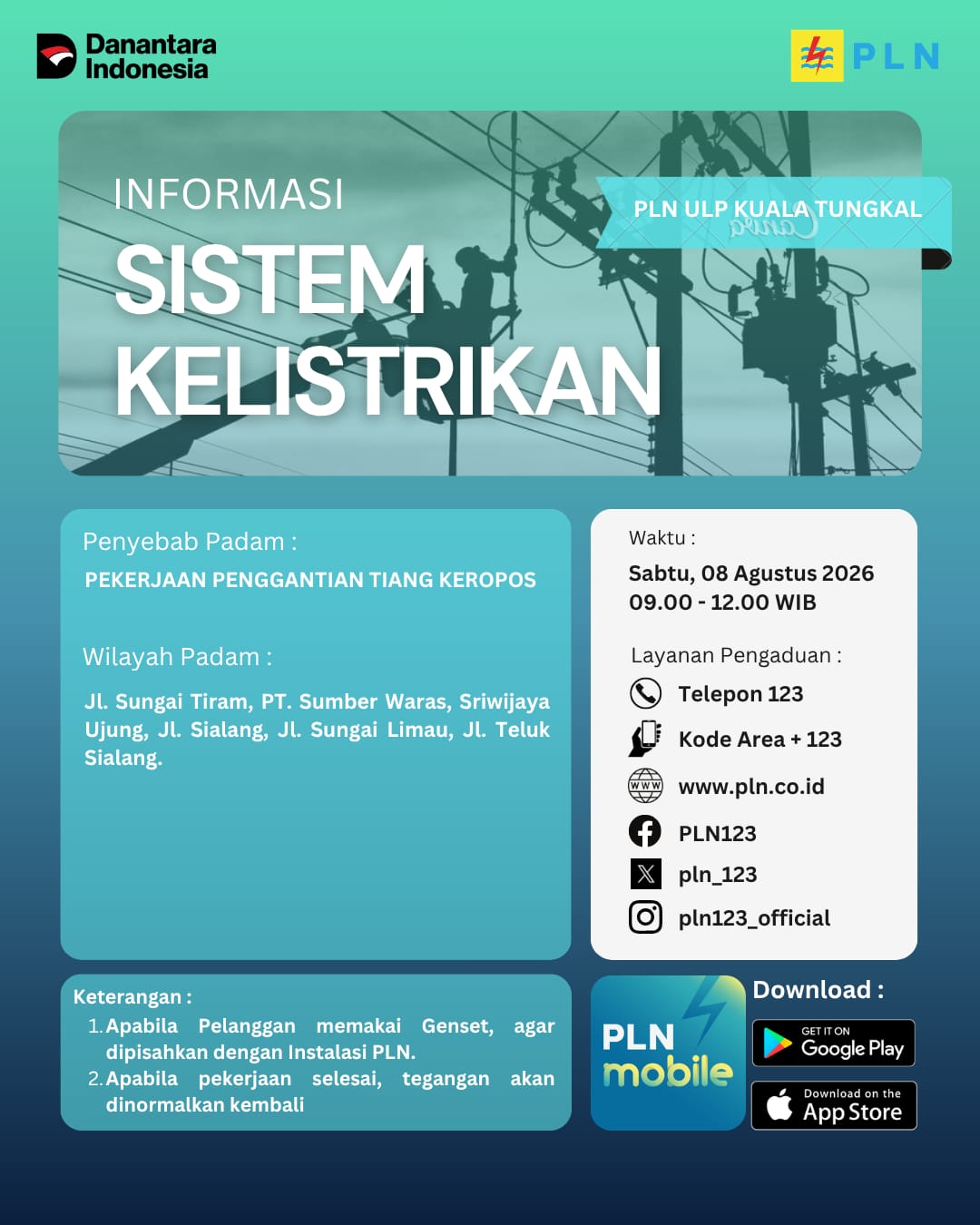PLN ULP Kuala Tungkal Ganti Tiang Listrik Keropos, Ini 6 Wilayah Tanjab Barat yang Alami Pemadaman Sabtu 8 Agustus 2026
