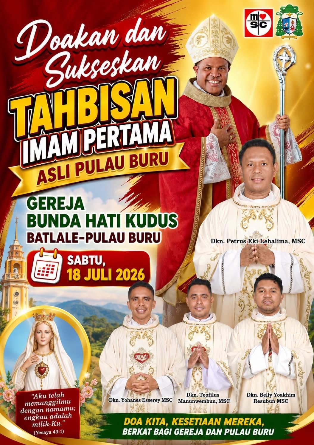 Empat Imam MSC dari Maluku Akan Ditahbiskan Uskup Amboina di Gereja Bunda Hati Kudus Pulau Buru, Sabtu 18 Juli 2026