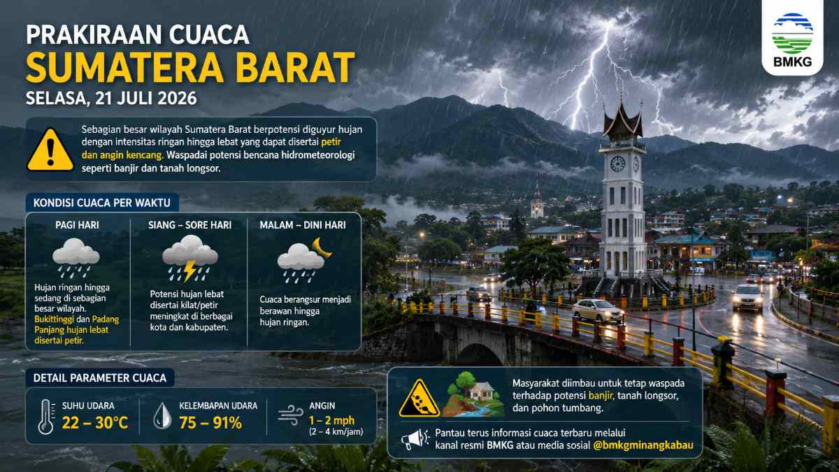 BMKG Keluarkan Peringatan Dini Hujan Lebat Disertai Petir di Sumbar, Warga Bukittinggi dan Padang Panjang Diminta Waspada