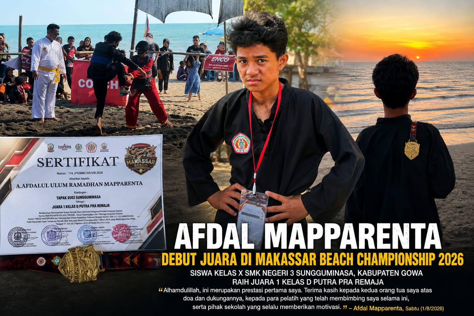 Debut Perdana di Makassar Beach Championship 2026, Afdal Mapparenta Sumbang Emas untuk Gowa