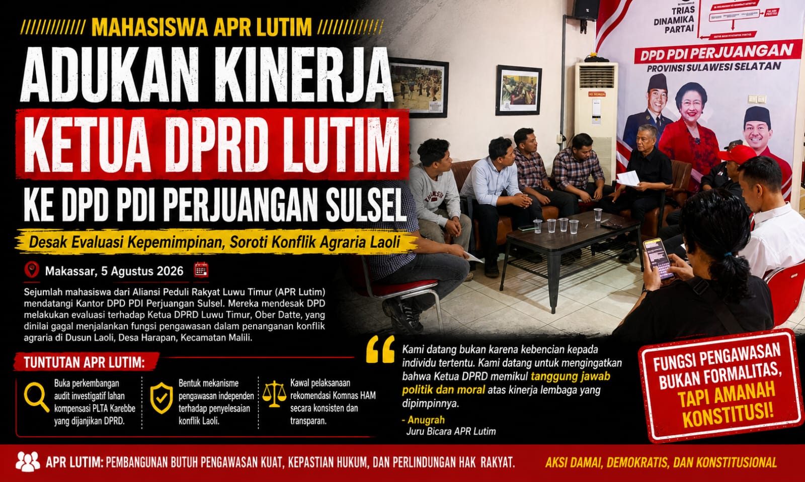 Konflik Lahan Laoli Belum Tuntas, APR Lutim Desak DPD PDIP Sulsel Evaluasi Ketua DPRD Ober Datte