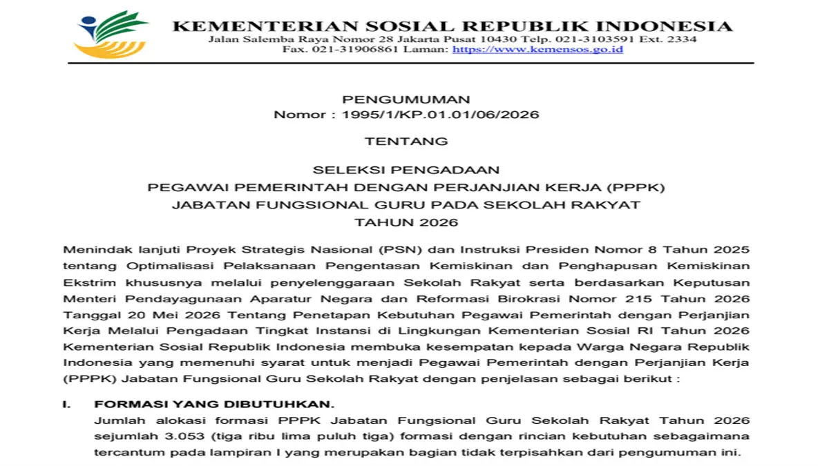 Seleksi PPPK Guru Sekolah Rakyat 2026 Resmi Dibuka, Simak Jadwal, Syarat, dan Cara Daftar untuk Jawa Tengah
