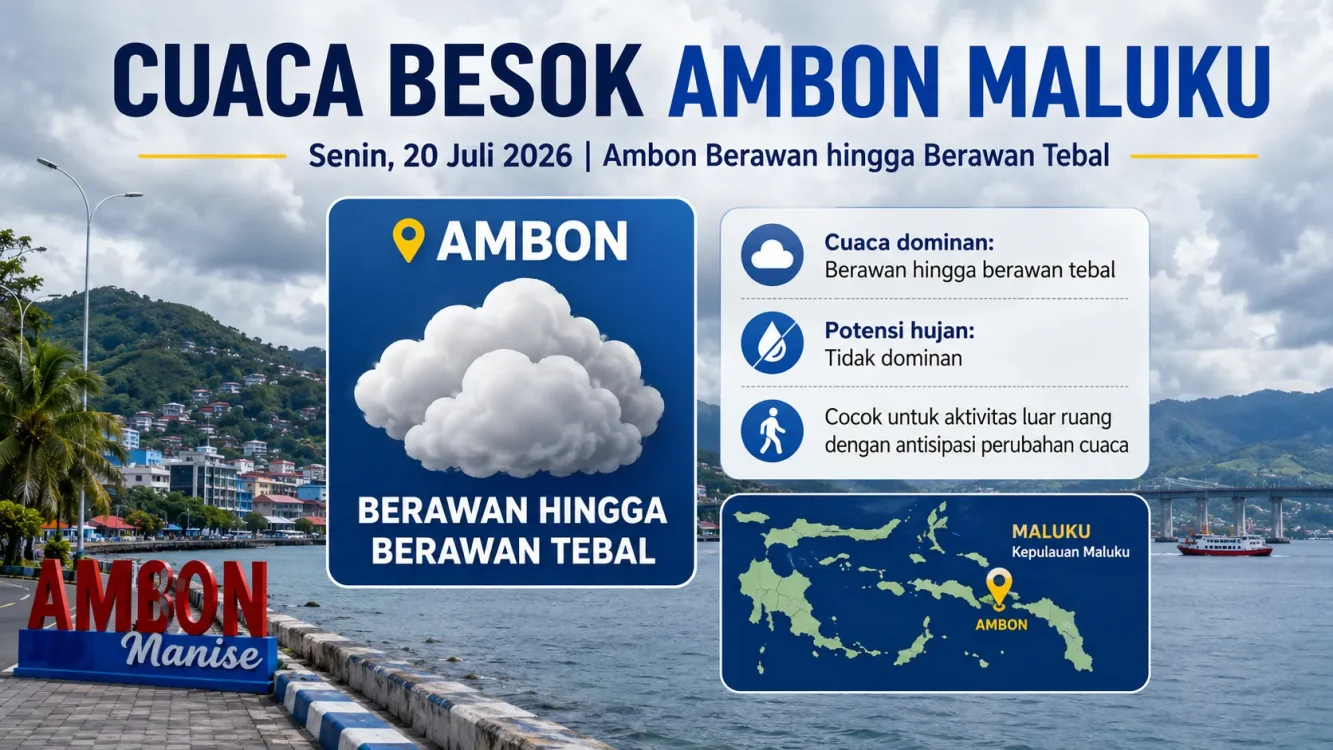 Cuaca Ambon Senin 20 Juli 2026: Berawan Tebal Sepanjang Hari, Warga Diimbau Siapkan Payung