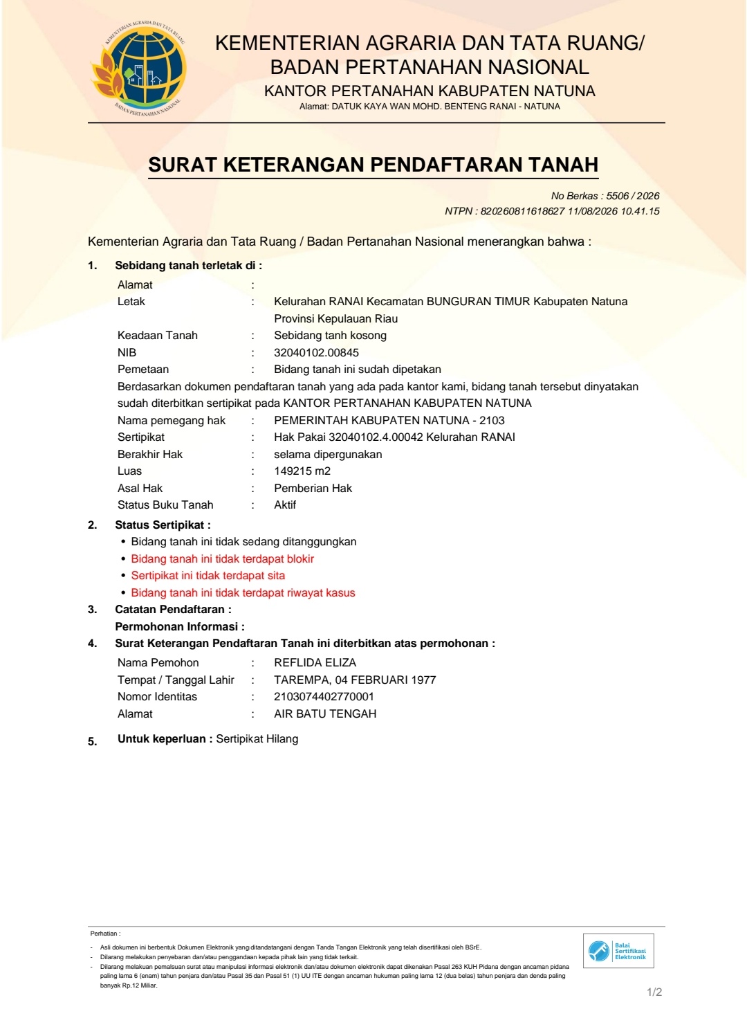 Sertifikat Tanah 149.215 Meter Persegi Milik Pemkab Natuna Hilang, Masyarakat Diminta Bantu Informasi