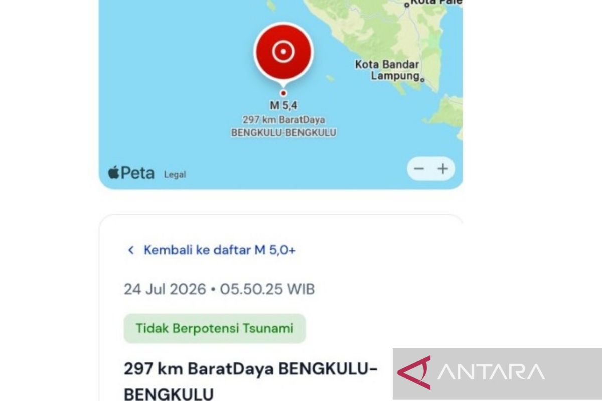 Gempa M5,4 Guncang Perairan Barat Daya Pulau Enggano, BMKG Pastikan Tak Berpotensi Tsunami