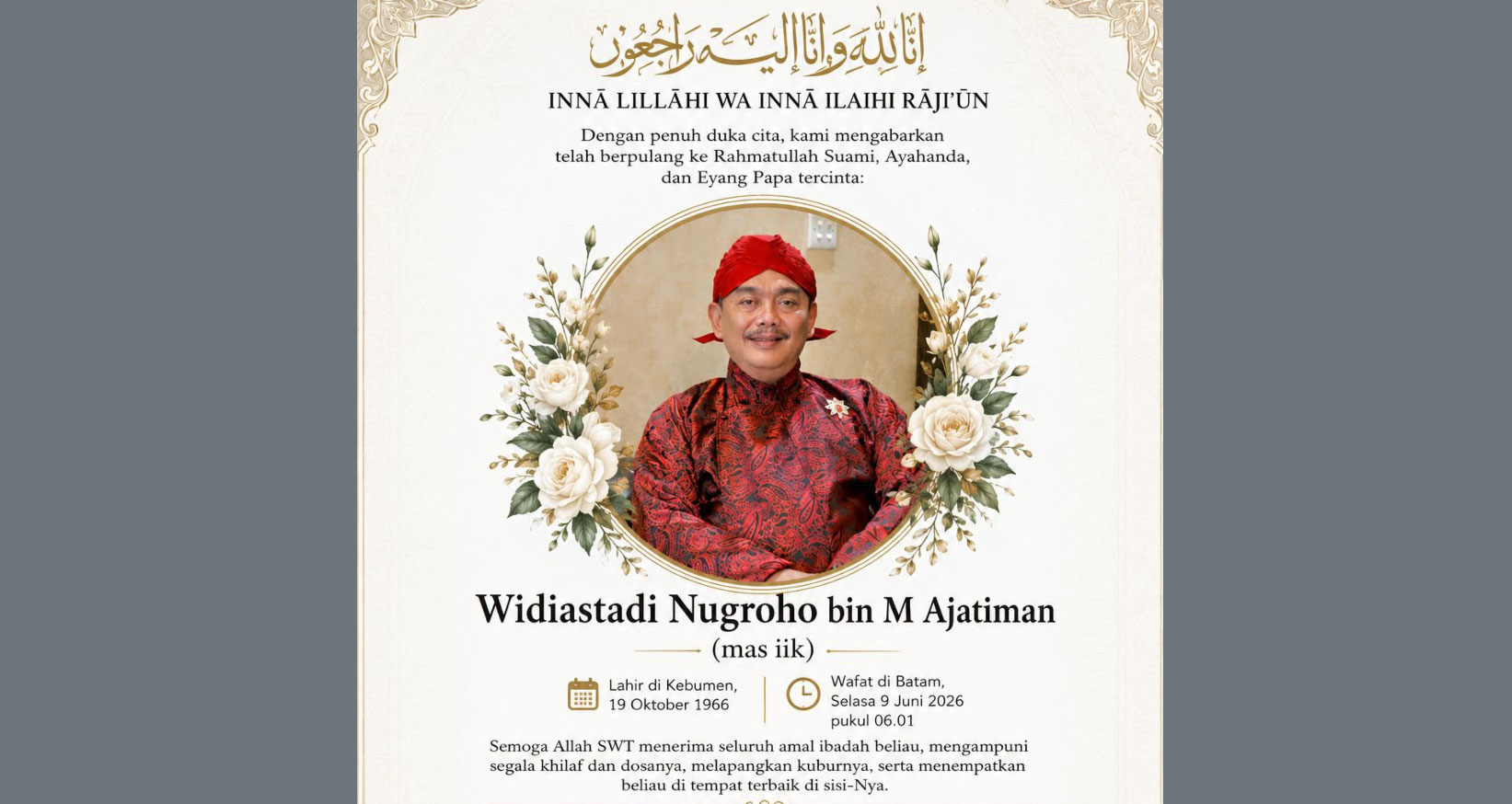 Mantan Ketua Komisi III DPRD Kepri Widiastadi Nugroho Meninggal Dunia di Batam, Politisi PDI Perjuangan Itu Berusia 59 Tahun