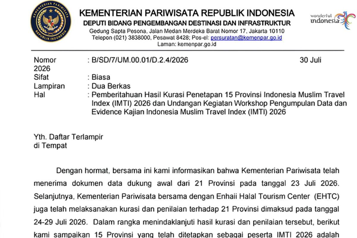 Gorontalo Lolos 15 Besar Indonesia Muslim Travel Index 2026, Dinas Pariwisata Siapkan Validasi Data Bersama Kemenpar
