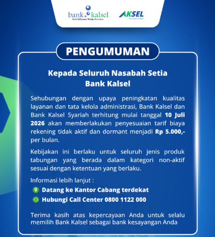 Bank Kalsel Kenakan Biaya Rp5.000 per Bulan untuk Rekening Dorman Mulai 10 Juli 2026