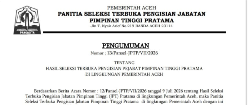 15 Kandidit Lolos Seleksi Lima Jabatan Strategis Pemprov Aceh, Gubernur Muzakir Manaf Pemegang Keputusan Akhir