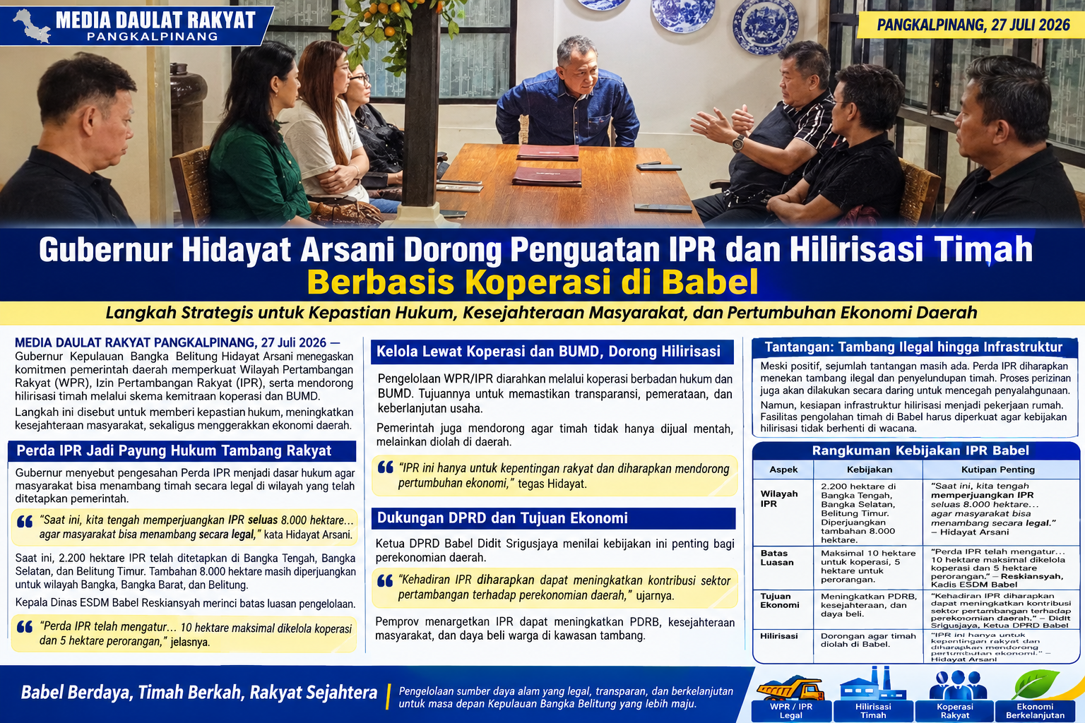 Pemprov Babel Siapkan 10.000 Hektare Wilayah Tambang Rakyat, Gubernur Hidayat Arsani Dorong Hilirisasi Timah Lewat Koperasi