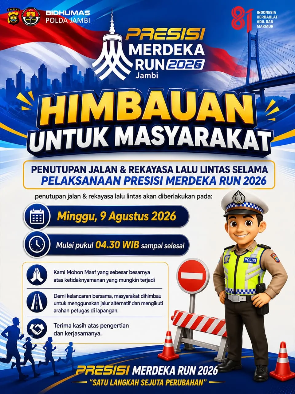 Rekayasa Lalu Lintas Presisi Merdeka Run 2026 di Kota Jambi: 6 Ruas Jalan Ditutup, Ini Jalur Alternatifnya